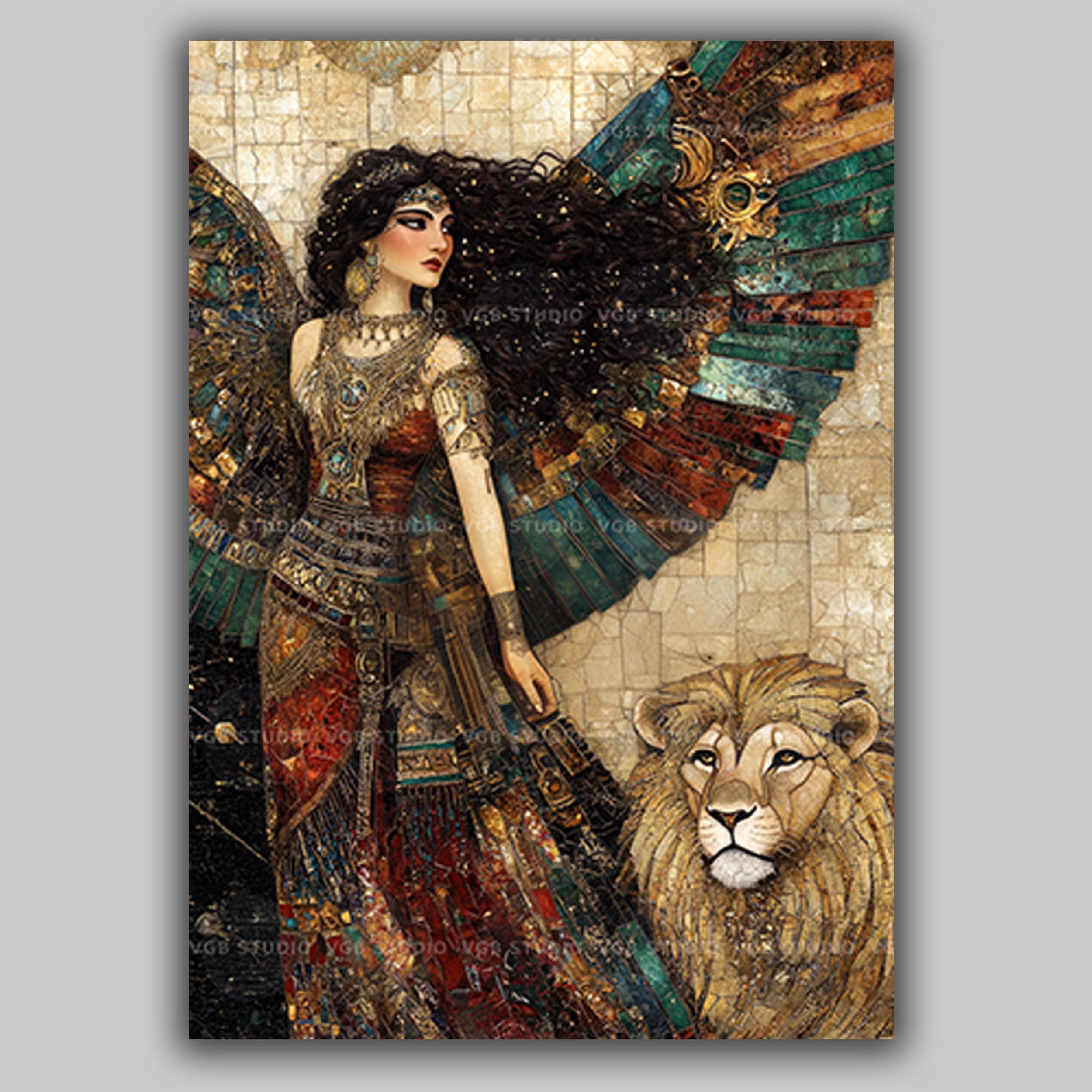 Ishtar Wall Art Print, Inanna Mesopotamian Goddess With Lion and