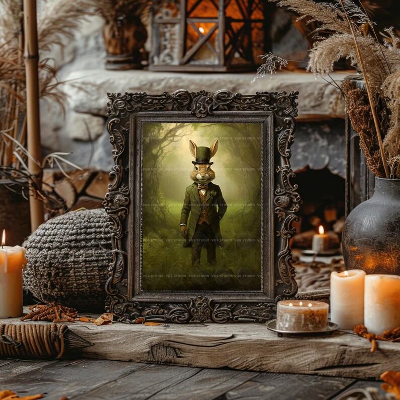 Impresión artística de conejo vintage, póster de liebre victoriana, decoración de Alicia en el País de las Maravillas, arte de pared de animales para guardería, decoración del Día de San Patricio, caballero irlandés J33 imagen 5
