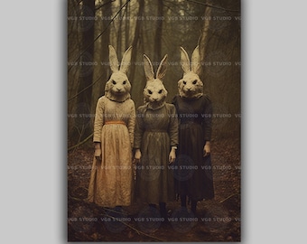 Griezelig konijn Cult Art Print gotisch bos folklore surrealistisch dieren muur decor Dark Academia Witchy eigenaardigheden Spooky vintage konijn kostuum G32