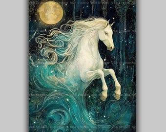 Kelpie Art Print, White Water Horse Rising from a Moonlit Forest River, Teal and Gold Art Nouveau Scottish Folklore Decor AN37
