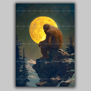 Bigfoot Moon Art Print Sasquatch in Mountains Funny Cryptid Decor Surreal Wilderness Wall Poster Mythical Forest Creature Silhouette w04