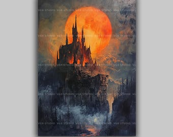 Gothic Castle Art Print Haunted Mansion Dark Fantasy Wall Decor Vampire Castle Spooky Halloween  Dramatic Landscape Blood Moon Painting k69