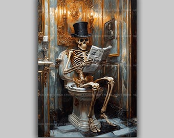 Skeleton Bathroom Wall Art Print, Funny Gothic Toilet Scene, Skeleton Reading Newspaper, Dark Humor Restroom Decor, Macabre Bathroom t33