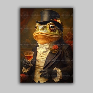 Frog Art Print In Victorian Suit With Top Hat Cocktail Glass Silk Cravat Rose Boutonniere Fancy Toad Antique Style Portrait Painting h17