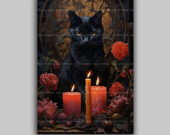 Black Cat Candle Art Print, Gothic Cat With Red Flowers, Witch Familiar Dark Academia Halloween Decor, Spooky Feline Occult Wall Art f66