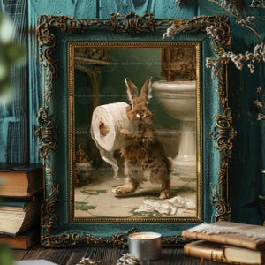 May include: A framed wall art print featuring a brown rabbit standing in a bathroom and holding a roll of white toilet paper. The frame is ornate, dark teal with gold accents. The artwork depicts a sink and tiled floor in the background.