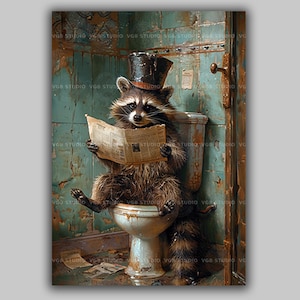 May include: A raccoon wearing a black top hat sits on a white toilet in a weathered, teal-tiled bathroom. The raccoon holds an open newspaper with visible text. The walls show signs of wear and peeling paint, with scattered paper on the floor.