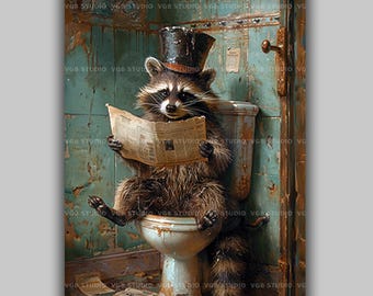Raccoon on Toilet Art Print, Trash Panda in a Top Hat Reading the Newspaper, Grungy Green Tile Bathroom Decor, Funny Vintage Humor AE22