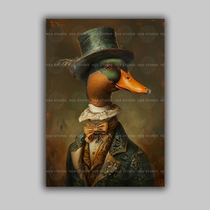 Victorian Duck Art Print Whimsical Mallard in Green Suit Funny Animal Portrait Gentlemen Bird Decor Cottagecore Gift for Collectors M95