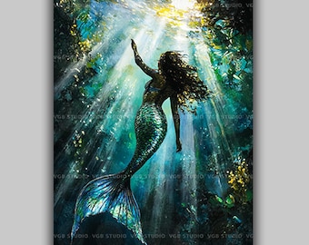 Mermaid Wall Art Print, Underwater Fantasy Mermaid Decor, Ocean Artwork, Iridescent Tail, Coastal Bathroom Art aa67