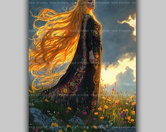 Sif Norse Goddess Golden Hair Art Print | Viking Mythology Wall Decor | Flowers Field Sky Celtic Fantasy Magical Divine Feminine | AJ08