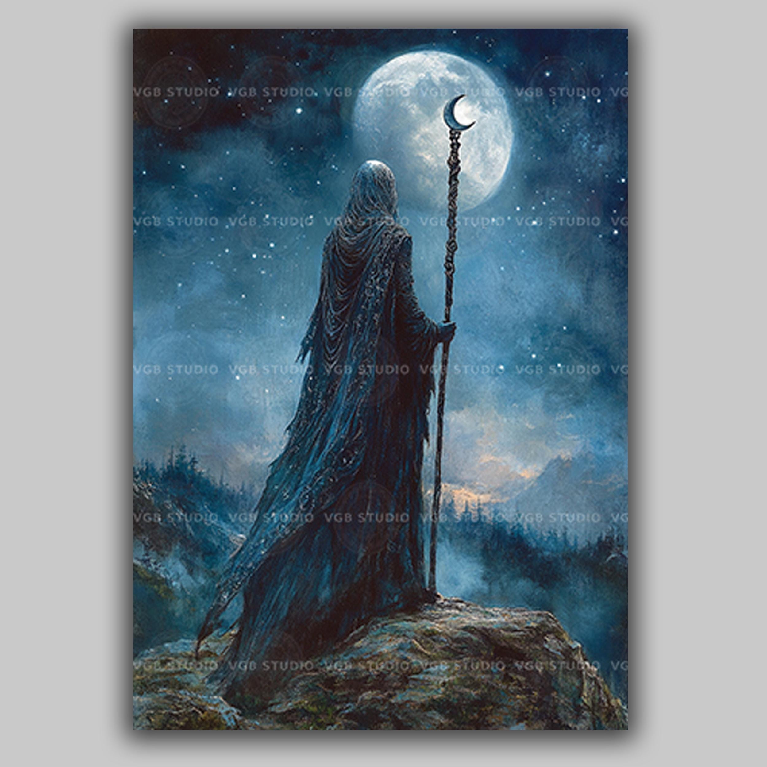 Moon Sorceress Art Print Hooded Figure Crescent Moon Staff Dark