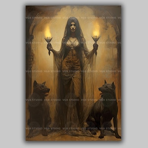 Hecate Goddess Art Print, Dark Witch Wall Decor, Triple Moon Goddess Poster, Occult Pagan Witchcraft Art, Underworld Queen Witchy Print aa69