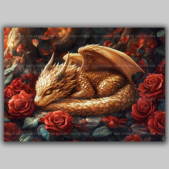 Golden Baby Dragon Sleeping Among Red Roses Fantasy Art Print