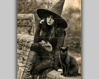 Witch with Black Cat Wall Art Print, Vintage Halloween Photo, Sepia Gothic Woman Portrait, Ancient Ruins, Dark Academia, Familiar Gift AP20