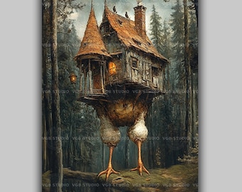Slavic Folklore Art Print, Baba Yaga Hut on Chicken Legs, Antique Storybook Oil Painting Style, Eastern Europe Gift y90