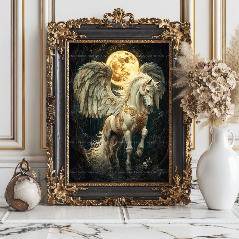 Pegasus Moonlight Art Print Greek Mythology Winged Horse Fantasy Artwork Celestial Creature Painting Mystical Night Sky Wall Decor AJ82 image 7