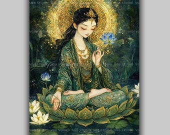 Green Tara Buddhist Goddess Wall Art Print, Compassion Deity Decor, Meditation Spiritual Artwork, Lotus Enlightenment Zen Altar Gift AL18