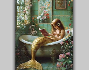 Mermaid Reading in Bathtub Artwork Vintage Siren Decor Fantasy Bathroom Wall Art Floral Cottagecore  Illustration Romantic Aquatic Scene Y37
