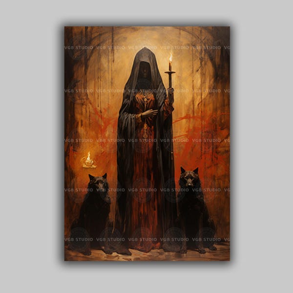 Hecate Wall Art Print, Hekate Dark Goddess, Witchcraft Altar Decor, Hooded Torchbearer with Black Hounds, Ancient Greek Mythology Poster K06