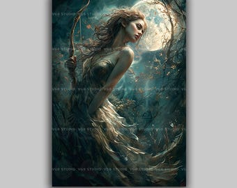 Artemis Greek Goddess Art Print Moonlit Huntress of Myth Lunar Bow and Arrow Maiden of the Wilds Mythology Fantasy Wall Art L64