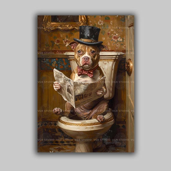 Funny Dog Bathroom Art Pit Bull Wall Print Vintage Toilet Humor Decor for Dog Lovers Whimsical Gift for Him Victorian Pet Poster p27