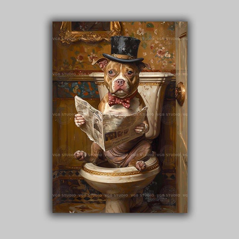 Funny Dog Bathroom Art Pit Bull Wall Print Vintage Toilet Humor Decor for Dog Lovers Whimsical Gift for Him Victorian Pet Poster p27 image 1