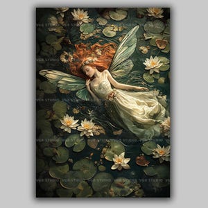 Fairy in Lily Pond Art Print Romantic Fantasy Water Scene with Sleeping Flower Fairy for Cottagecore Nature Decor and Whimsical Wall Art z15