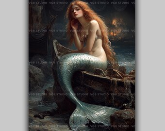 Mermaid Sea Goddess Fantasy Wall Art Print Ocean Siren Illustration Nautical Mythology Coastal Decor Enchanted Marine Artwork z73