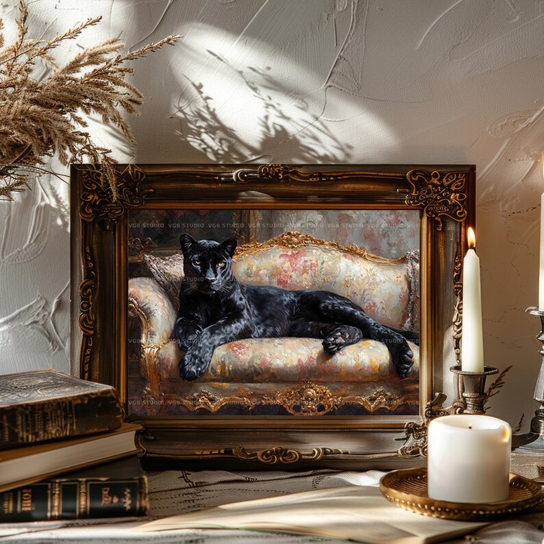 Schwarzer Panther Kunstdruck Viktorianischen Sofa Tierportrait Wunderlich Katze Dekor Galerie Wand Maximalist Katze Malerei Vintage Geschenk AH18 Bild 4
