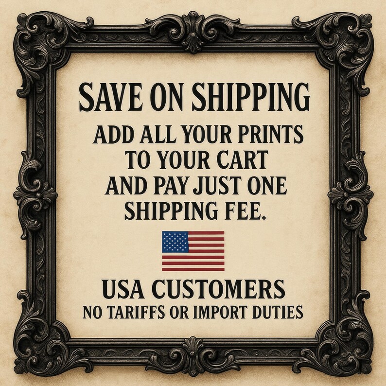 a sign with a black ornate frame, containing a message about shipping and US customers.