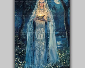 Lady of Avalon Arthurian Legend Decor, Mystic Lake Priestess Artwork, Enchanting Fantasy Painting, Medieval Mythology Fine Art Print z90