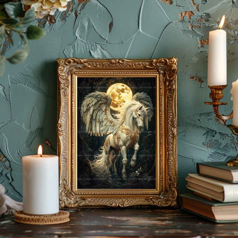 Pegasus Moonlight Art Print Greek Mythology Winged Horse Fantasy Artwork Celestial Creature Painting Mystical Night Sky Wall Decor AJ82 image 4