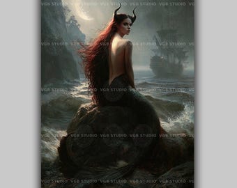 Gothic Mermaid Art Print, Horned Siren Ghost Ship Painting, Sea Witch Ocean Poster, Moonlit Dark Nautical Decor, Mythical Creature AN96