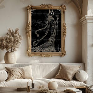 Bastet Gold Line Art Print, Egyptian Cat Goddess in a Deco Gown, Ancient Egypt Mythology Kemetic Altar Wall Decor q54 image 8