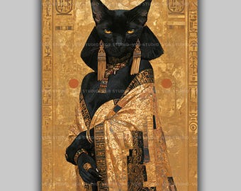 Bastet Art Nouveau Print, Black Cat Goddess Gold Leaf Wall Decor, Egyptian Revival Hieroglyph Poster, Ancient Egypt Kemetic Altar AN93