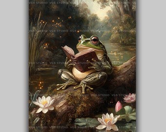 Frog Reading a Book Art Print, Toad on a Mossy Log Among Water Lilies, Firefly Pond at Dusk, Dark Academia Cottagecore Decor AN32