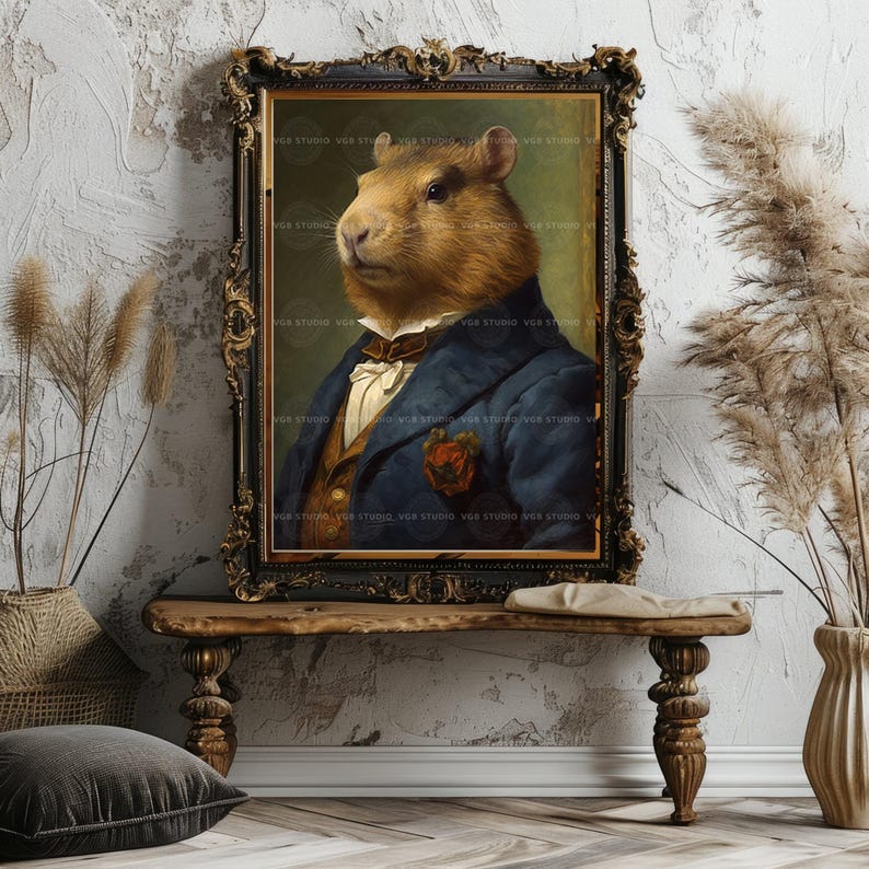 Victorian Capybara Wall Art Print, Dapper Gentleman Portrait in Suit, Whimsical Animal Decor, Dark Academia Vintage Style, Quirky Rodent H40 image 7