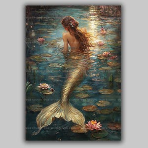 Mermaid Art Print Golden Romantic Painting Water Lily Pond Fantasy Wall Decor Feminine Mystical Creature Artwork Fairytale Lake Artwork Z47