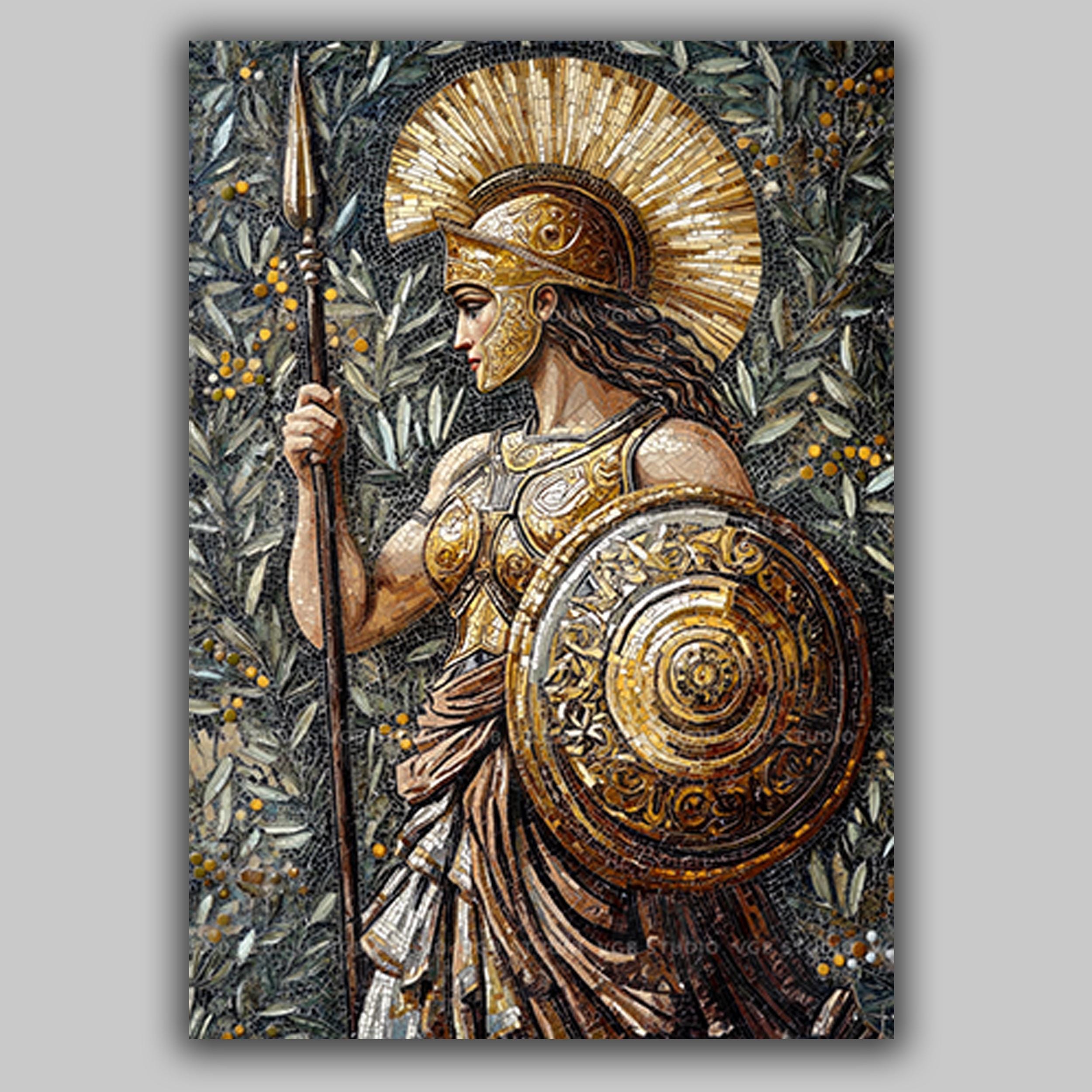 Athena Goddess Art Print Greek Mosaic Warrior Decor Divine Feminine Strength Olive Laurel Shield Mythology Wall Poster Wisdom Deity AH64