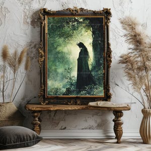 Sadhbh Irish Mythology Art Print, Antlered Deer Woman Silhouette in a Misty Green Forest, Cloaked Celtic Folklore Woodland Wall Decor w58 image 8