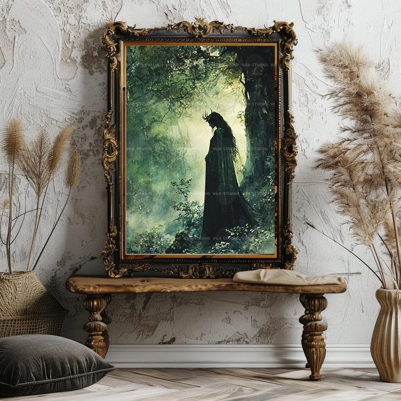Sadhbh Irish Mythology Art Print, Antlered Deer Woman Silhouette in a Misty Green Forest, Cloaked Celtic Folklore Woodland Wall Decor w58 image 8
