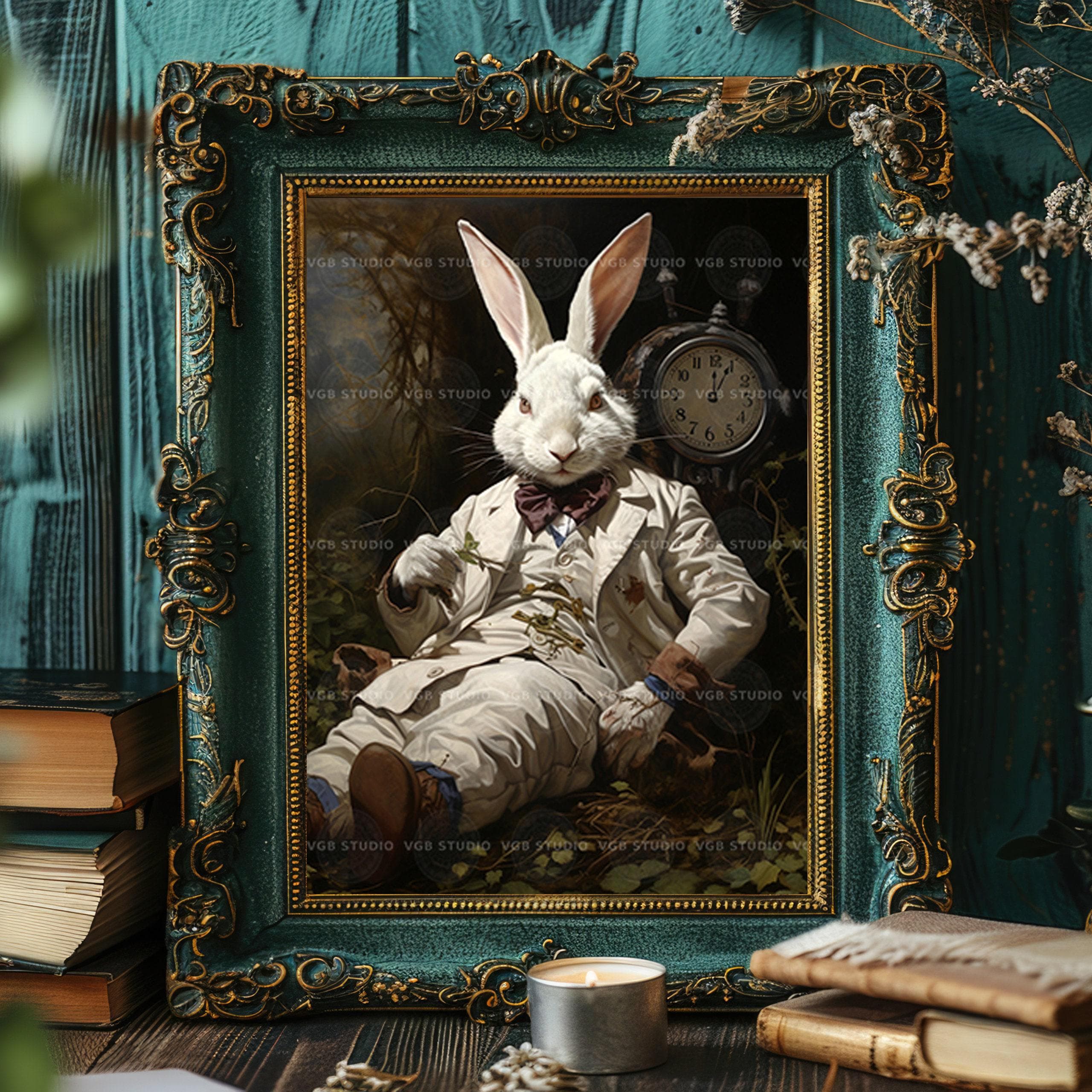 White Rabbit Wall Art Victorian Bunny With Pocket Watch Fantasy