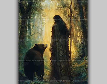 Artio Celtic Goddess Forest Bear Deity Art Print, spirituele godin illustratie, Pagan Forest mystieke vrouwelijke goddelijke beschermer artwork z35