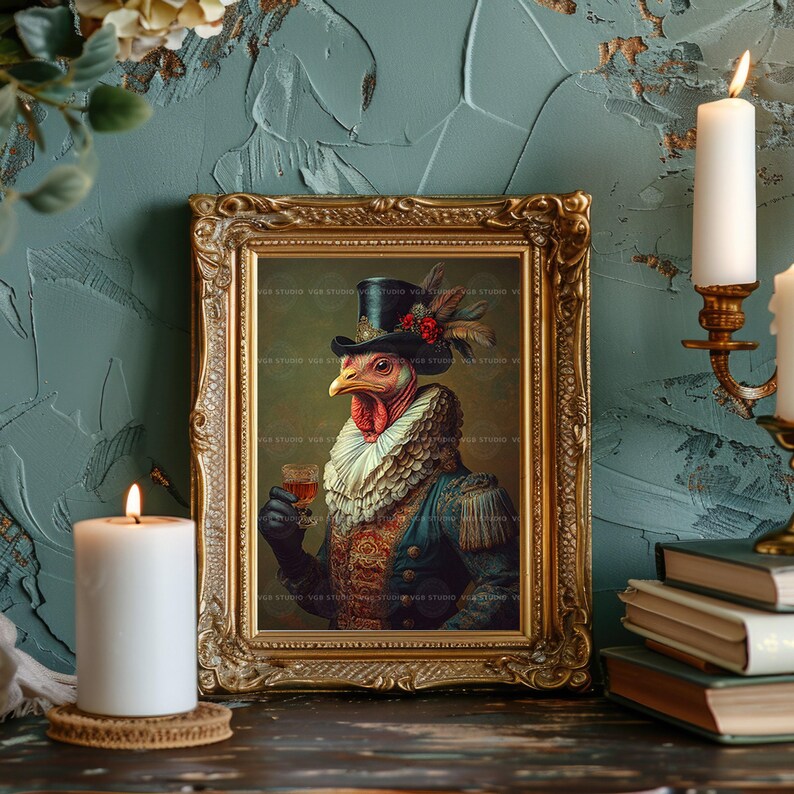 Muurdecoratie met kalkoenmotief, Victoriaans dier, cadeau voor vogelliefhebbers, speels schilderij, sprookjesillustratie, gentleman, eigenzinnige woondecoratie t23 afbeelding 4