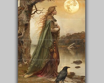 The Morrigan Celtic Goddess Wall Art Print, Irish Mythology Raven Queen, Moonlit Lake Pagan Decor, Dark Academia Witchy Goddess Poster q06