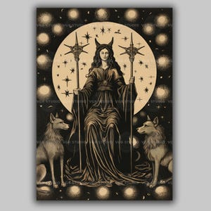 Hecate Art Print godin magische maan sterren Griekse mythologie heks decor zwarte en gouden wolven personeel drievoudige maan heidense spirituele muurkunst H22