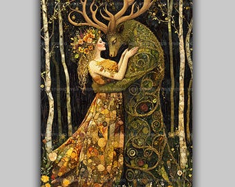 Beltane May Queen Art Print | Spring Festival Deer Spirit Antlers Flowers Forest Golden Mosaic | Celtic Pagan Wall Decor Goddess Nature AH63