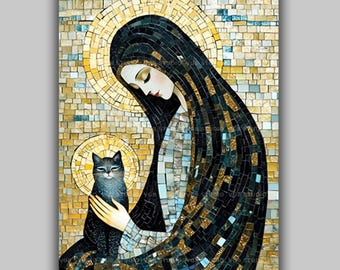 Saint Gertrude Christian Wall Art Print, Grey Tabby Cat Poster, Klimt Style Byzantine Mosaic Icon, Religious Catholic Home Decor AN95