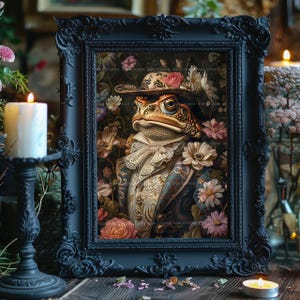 Frog Gentleman Wall Art Print, Victorian Toad In Top Hat, Floral Whimsical Animal Portrait, Dapper Cottagecore Decor, Dark Academia Gift P62 image 2